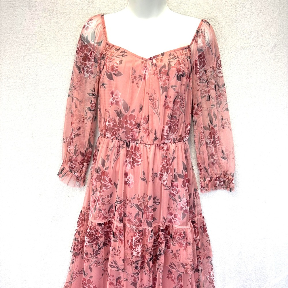 Candalite Sheer Tiered Maxi Dress Womens M Pink Floral Whimsical Romantic Flowy - Picture 3 of 14